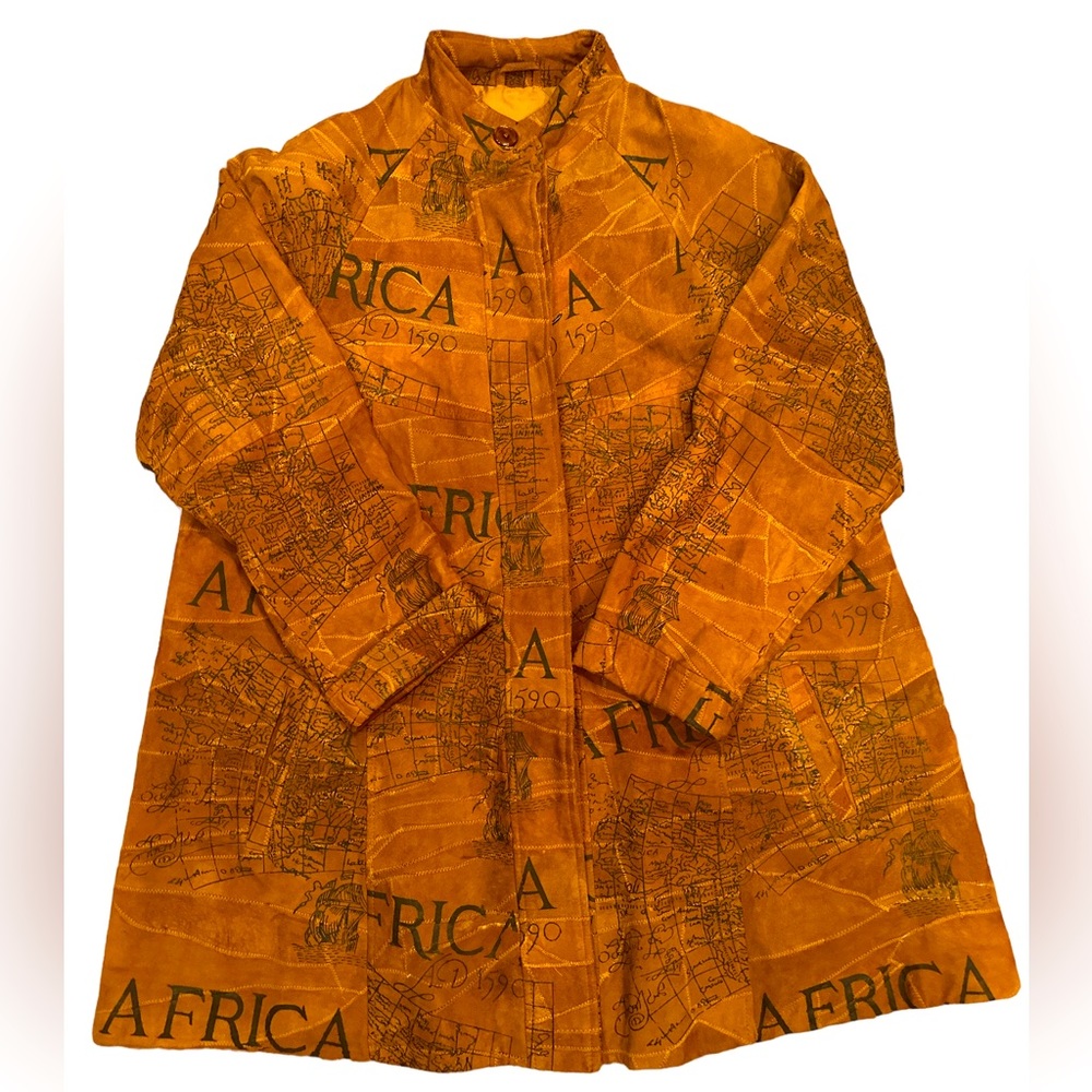 The African Star Women’s Leather 1590 Coat wMaps Boats Dates Oversized Very Good